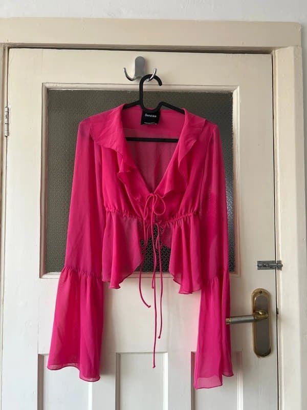 Bershka hot pink frill chiffon open back cardigan