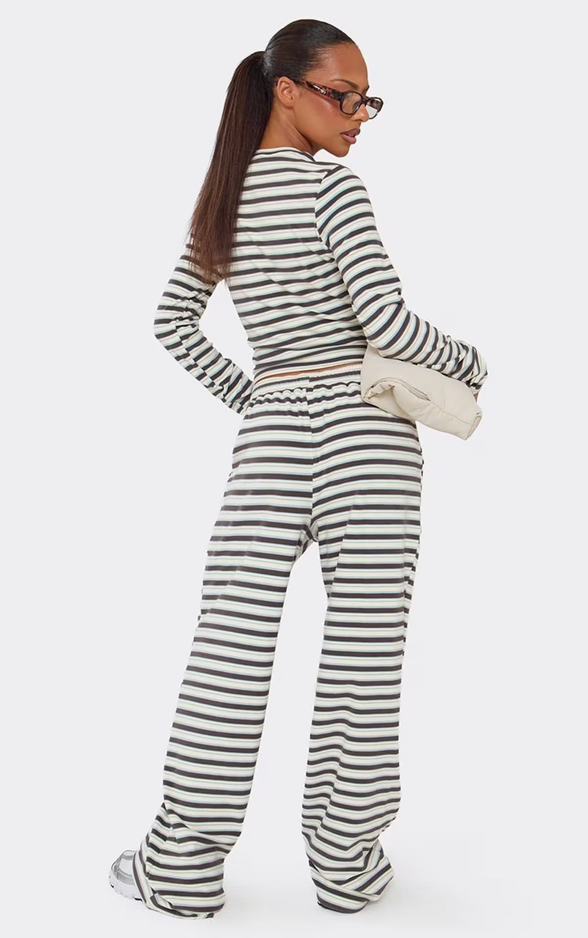 EGO Mid Rise Straight Leg Joggers In Brown And Blue Soft Stripe, Women's Size UK 6