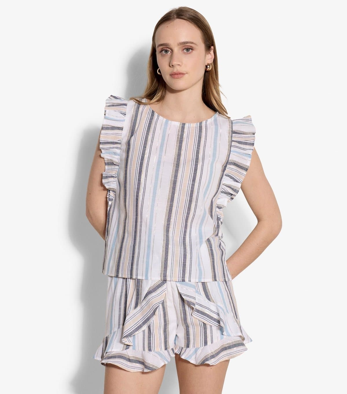 Apricot Women's Cream Striped Ruffled Cap Sleeve Top Apricot New Look