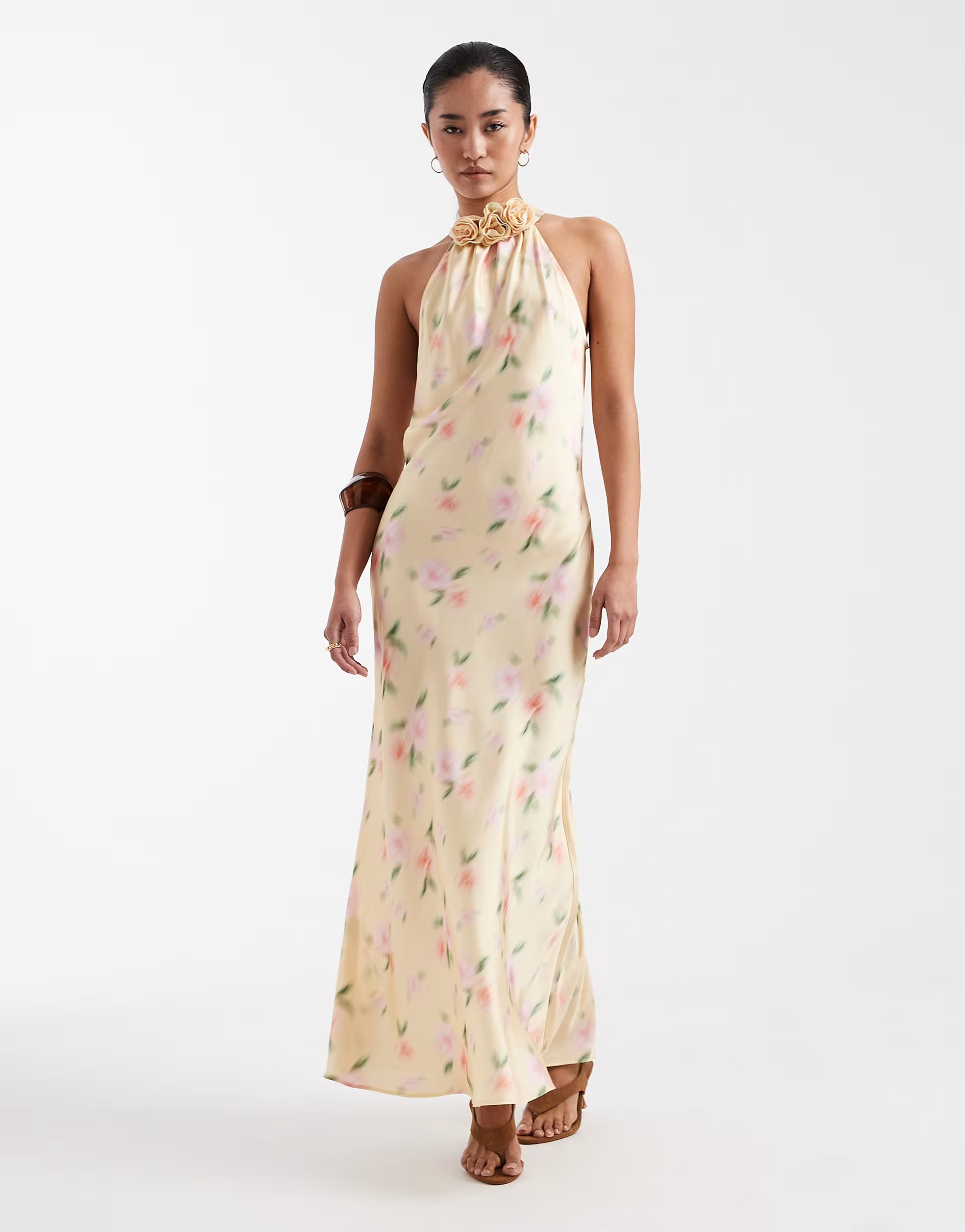 ASOS New Look floral corsage halterneck satin midi dress in yellow - 1