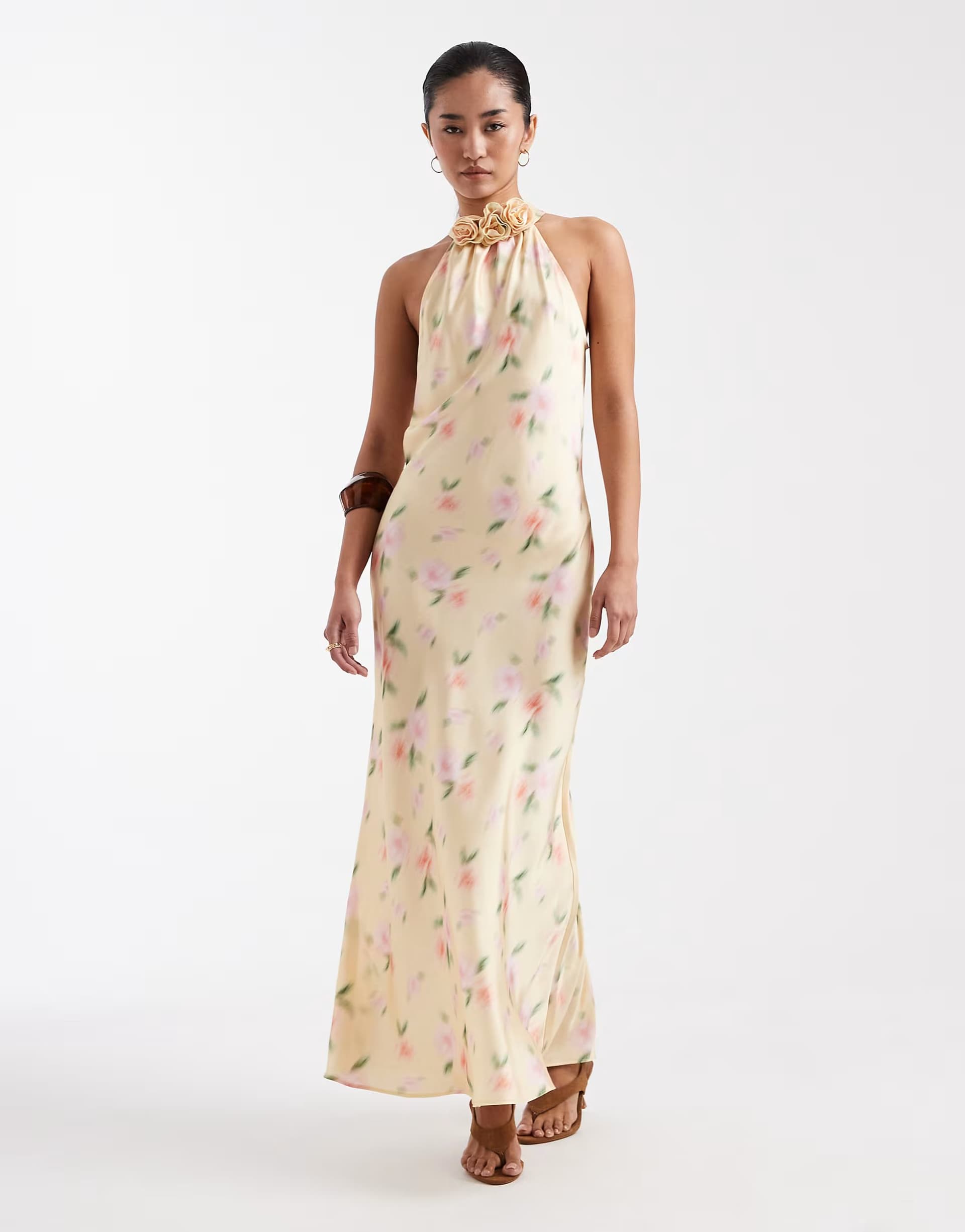 ASOS New Look floral corsage halterneck satin midi dress in yellow