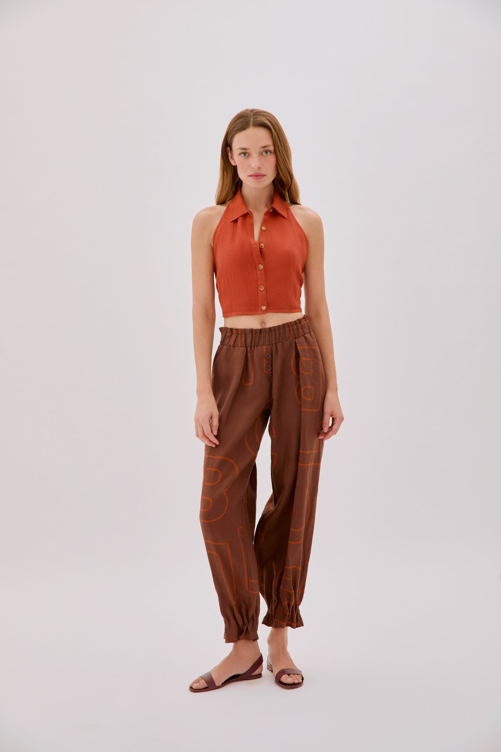 Labeca Labeca Burnt Orange Linen Collared Crop Top