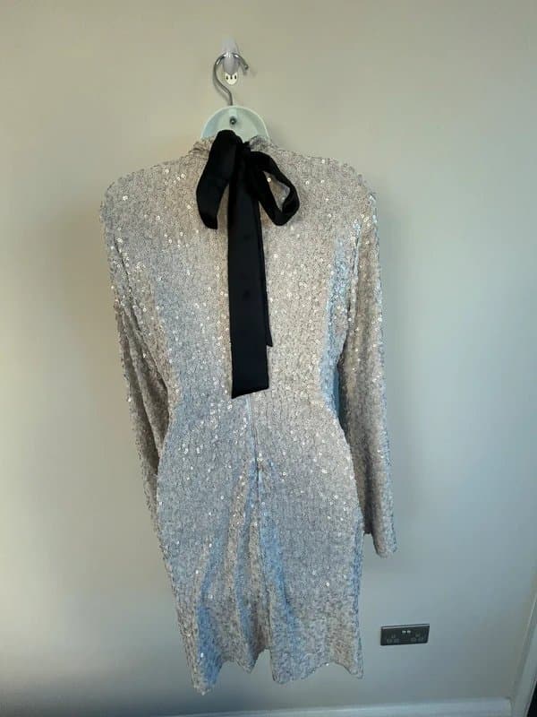Mint Velvet New (shop floor) Mint Velvet Grey Split Sleeve Sequin Mini Dress (RRP£180) UK 12