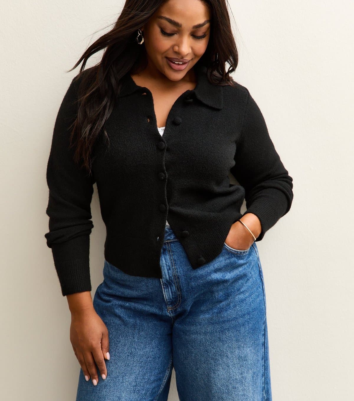 New Look Women's Plus Size Black Knit Collared Cardigan Curves New Look