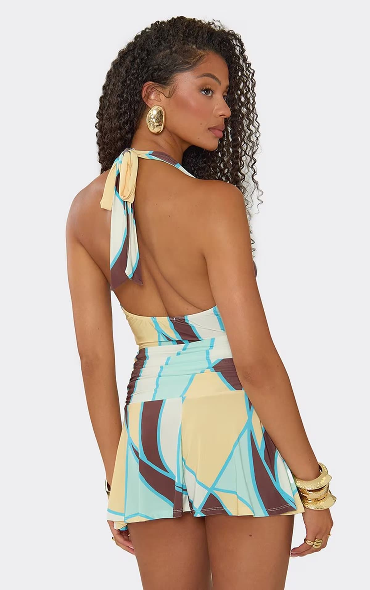 EGO Cowl Halterneck Mini Dress In Multi Abstract Print, Women's Size UK 6