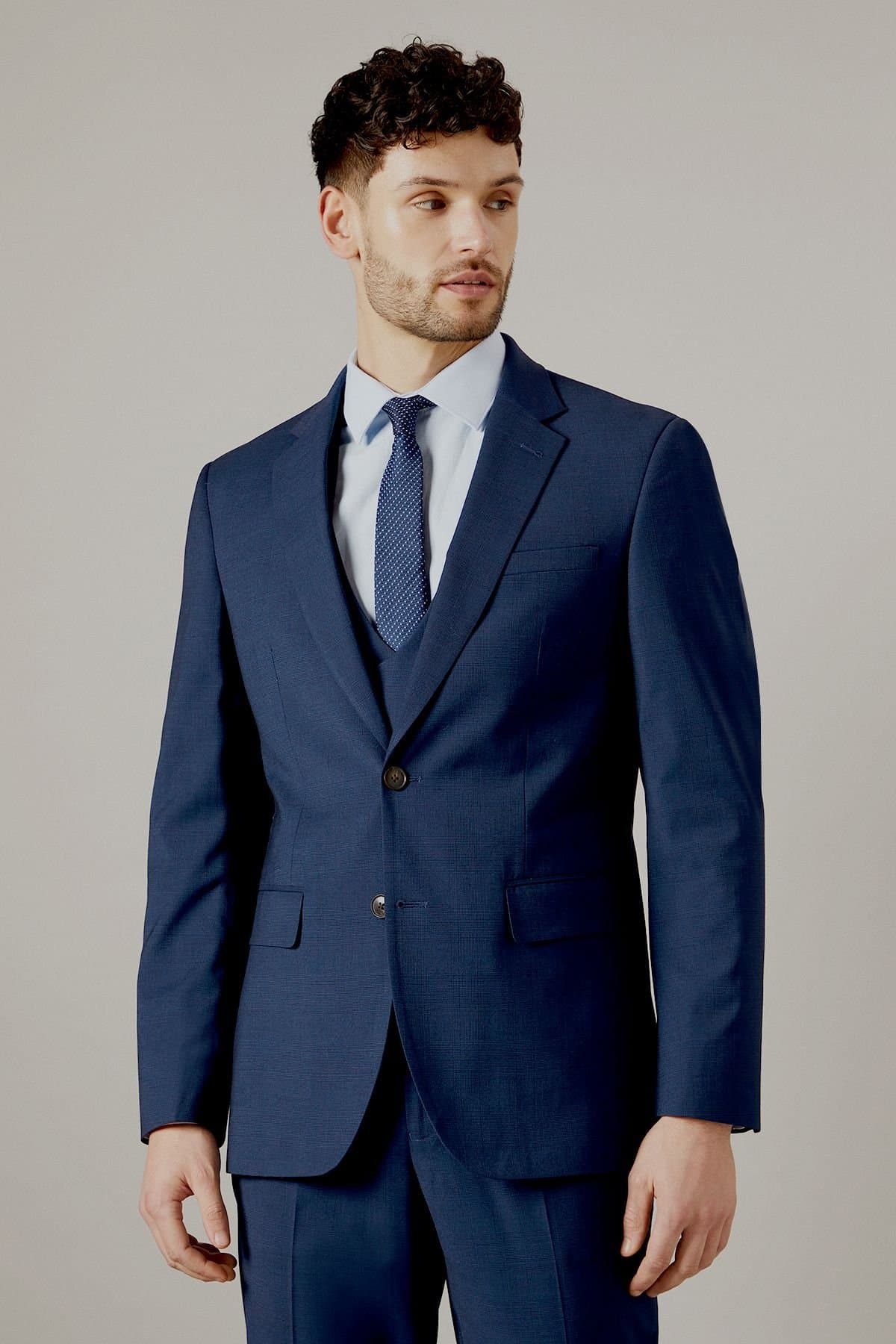 Burton Burton Men's Navy Blue Check Tailored Fit Suit Jacket