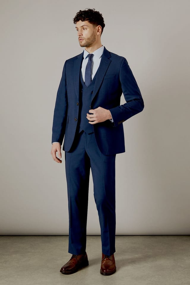 Burton Burton Men's Navy Blue Check Tailored Fit Suit Jacket - 2