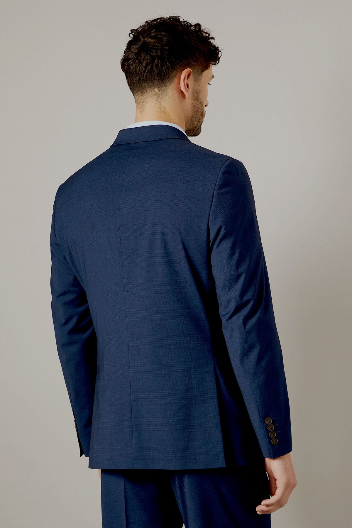 Burton Burton Men's Navy Blue Check Tailored Fit Suit Jacket - 3