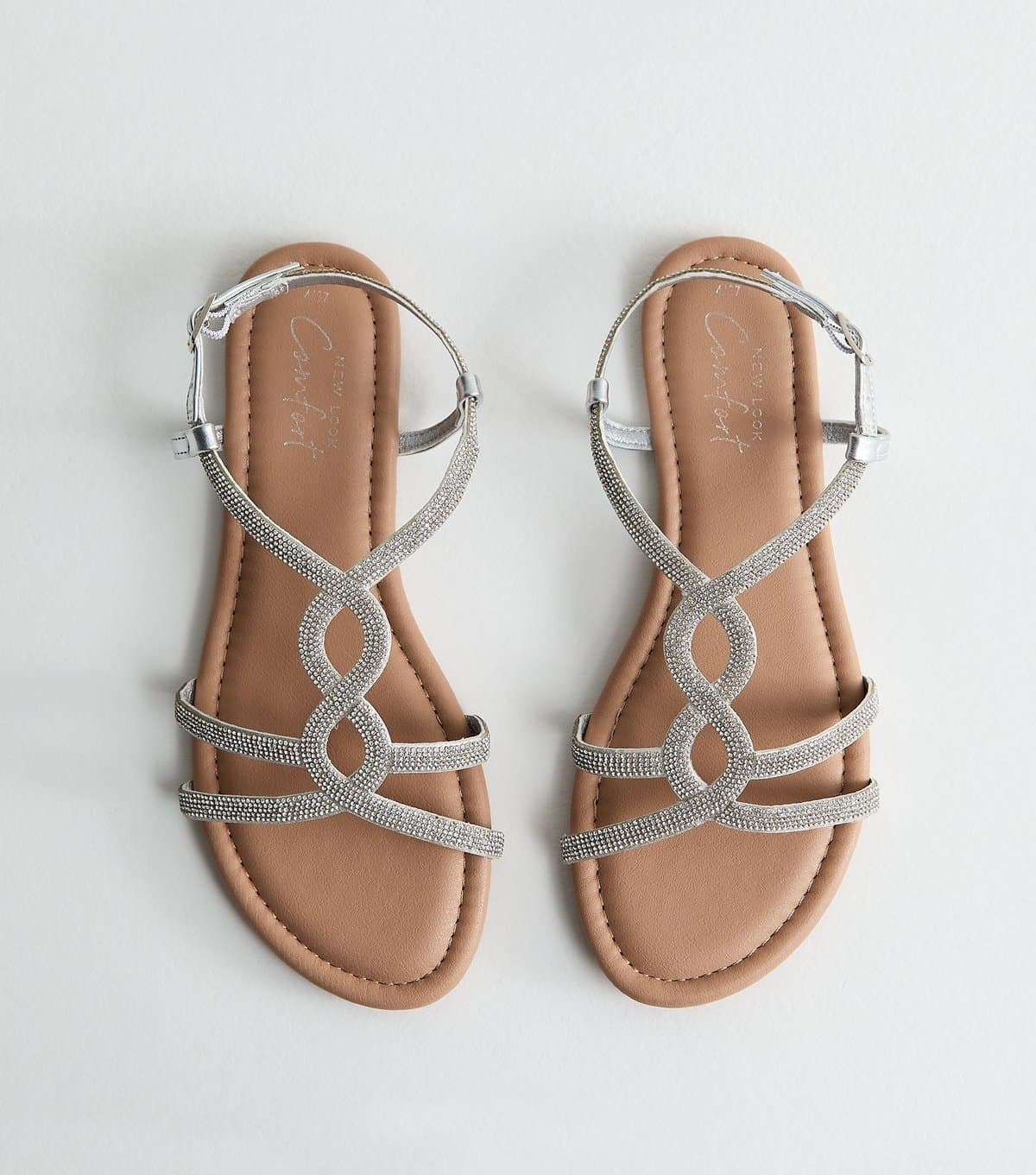 New Look Women's Silver Embellished Round Toe Sandals Vegan New Look