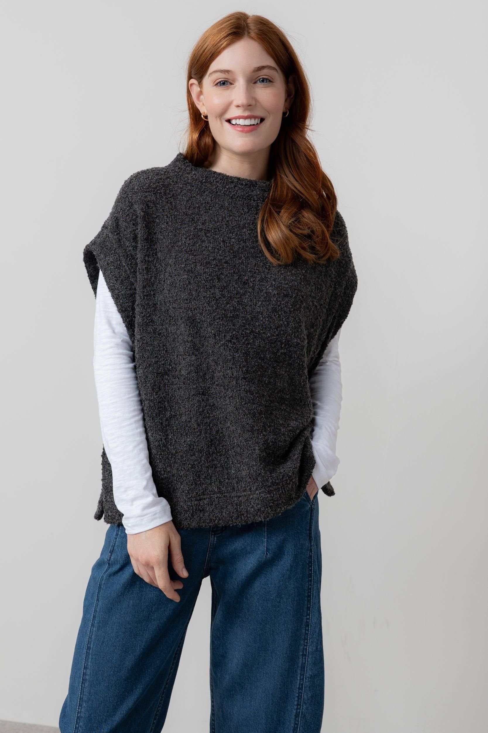 Lily & Me Lily & Me Women's Tabitha Boxy & Relaxed Wide Boat Neck Boucle Knit Poncho in Charcoal - 2