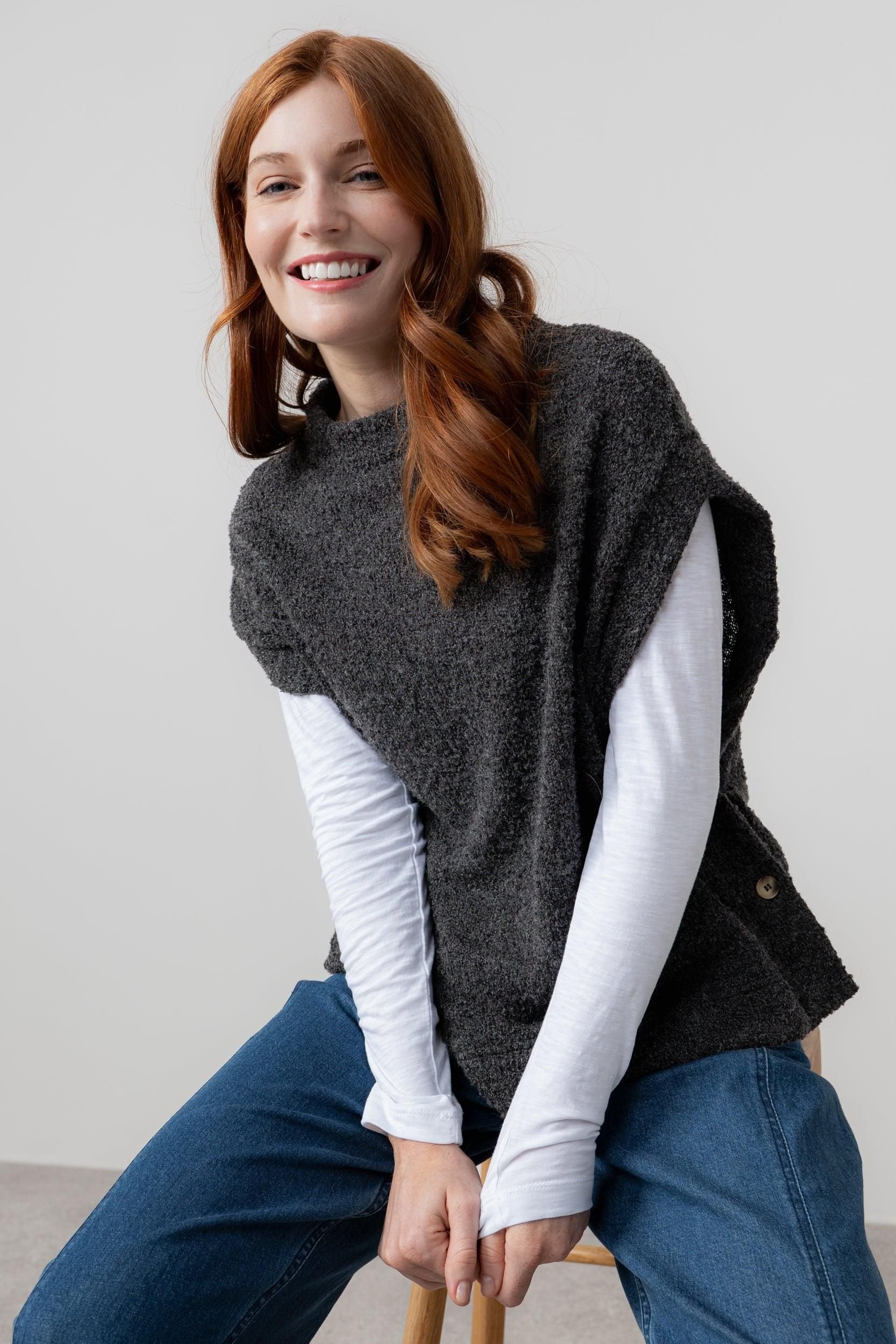 Lily & Me Lily & Me Women's Tabitha Boxy & Relaxed Wide Boat Neck Boucle Knit Poncho in Charcoal - 3