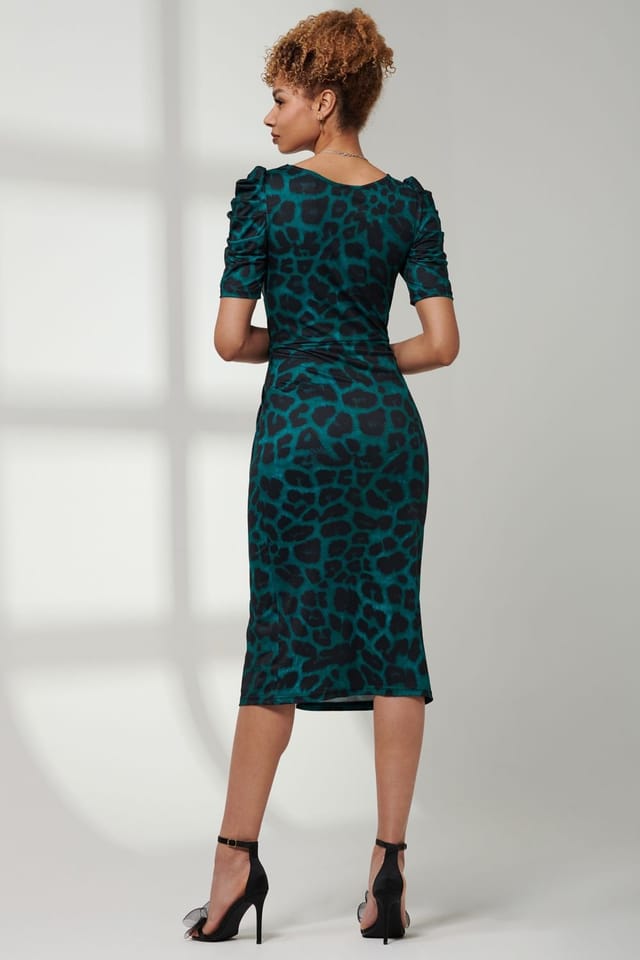 Jolie Moi Jolie Moi Women's Arica Jersey Puff Sleeve Bodycon Midi Dress in Green - 2