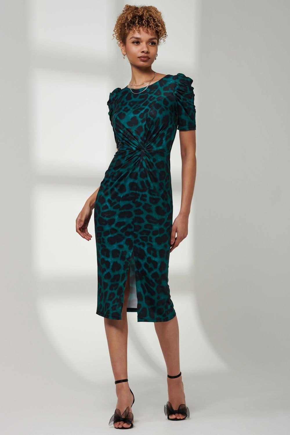 Jolie Moi Jolie Moi Women's Arica Jersey Puff Sleeve Bodycon Midi Dress in Green - 4