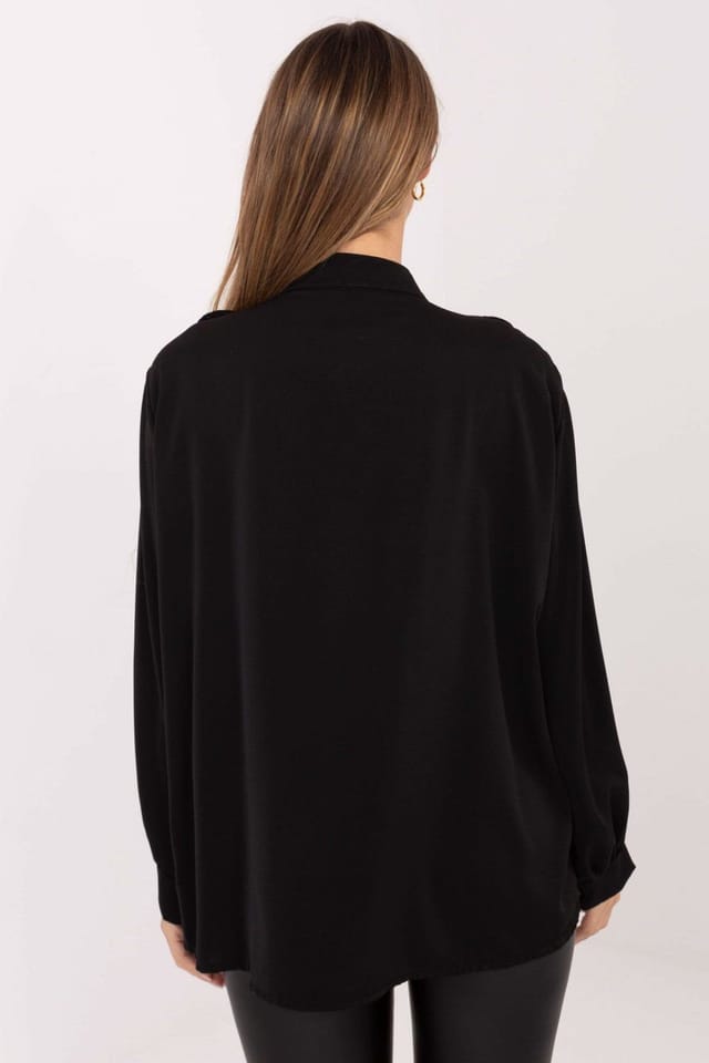 Love Lace Love Lace Women's Pleated Jabot Tie Neck Long Sleeve Shirt in Black - 3