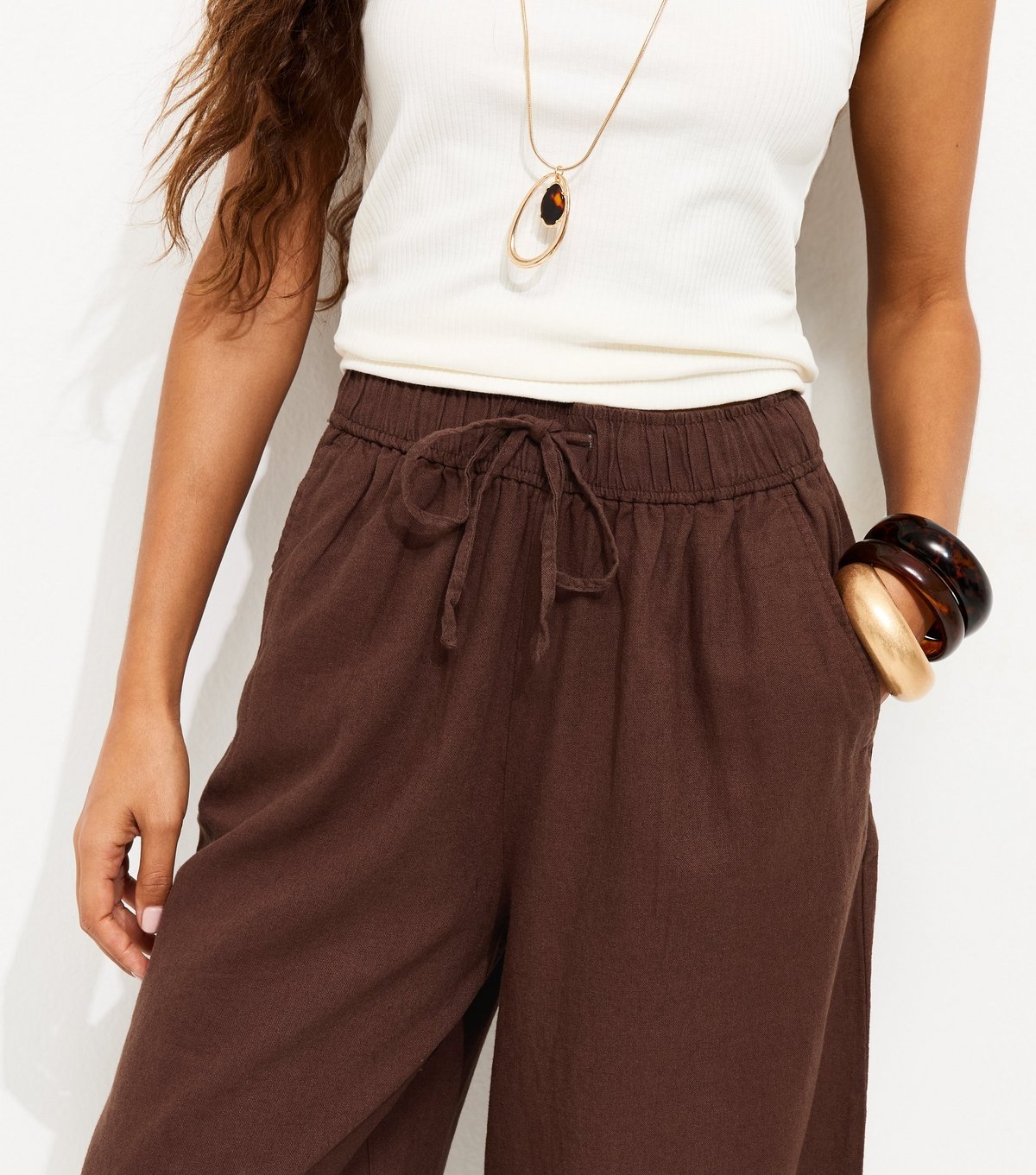 New Look Women's Petite Dark Brown Linen Blend Cropped Trousers New Look - 2