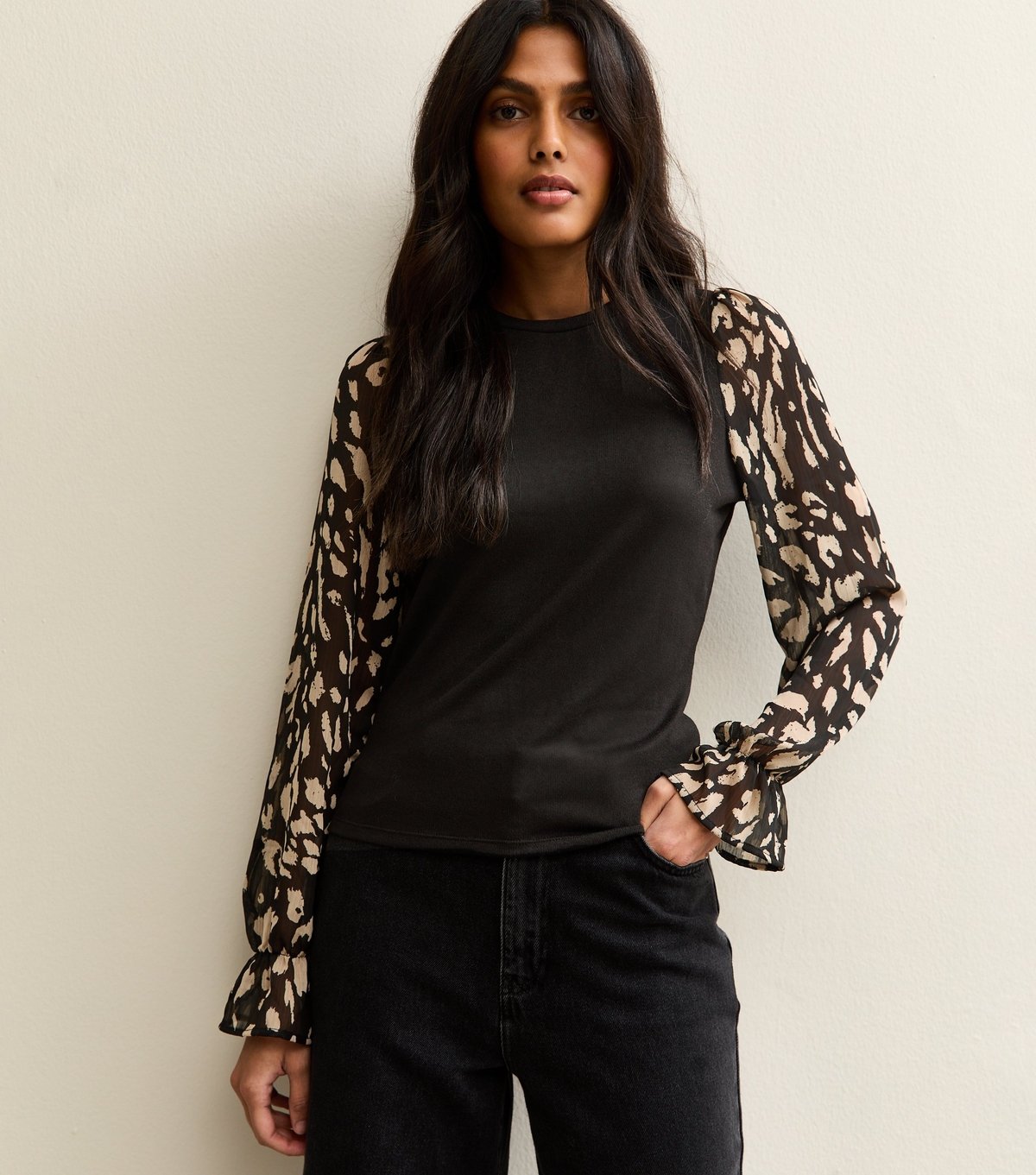 New Look Women's Black Soft Touch Contrast Sleeve Top New Look - 1