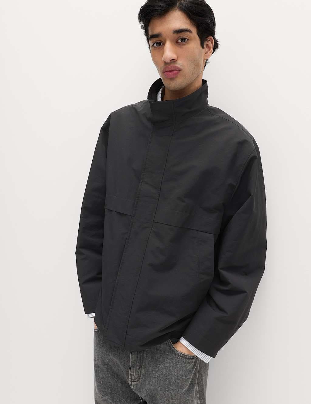 Marks & Spencer M&S Cotton Rich Boxy Funnel Neck Bomber Jacket Black