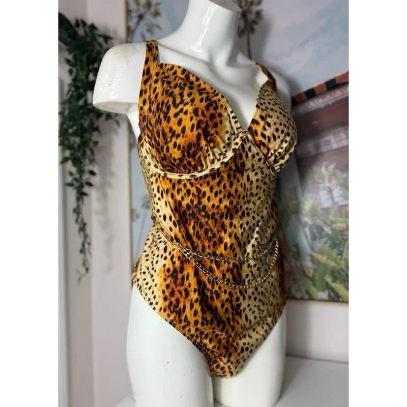River Island River Island Plus Leopard Print One Piece Swimsuit Gold Chain Belt XXL 18 UK 22