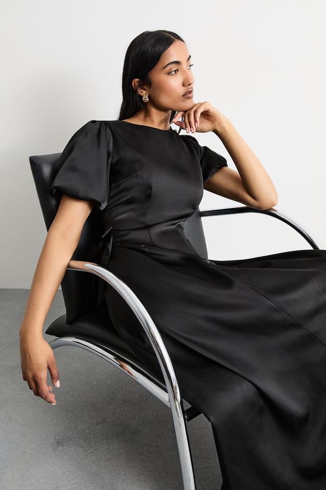Warehouse Warehouse Women's Heavy Satin Bow Detail Godet Midi Dress in Black - 2