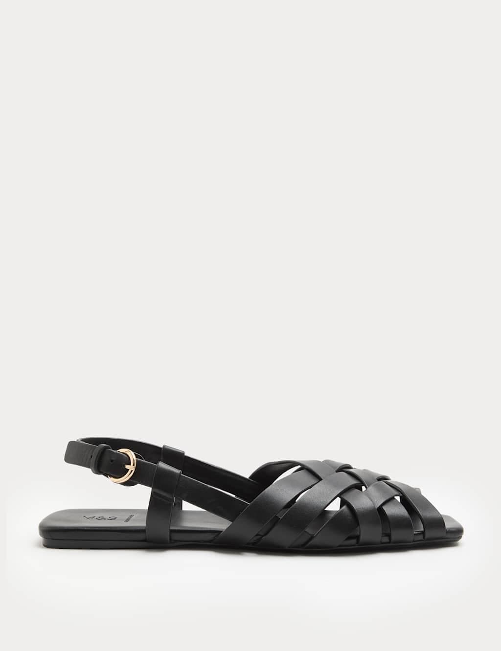 Marks & Spencer M&S Leather Woven Flat Slingback Sandals Black