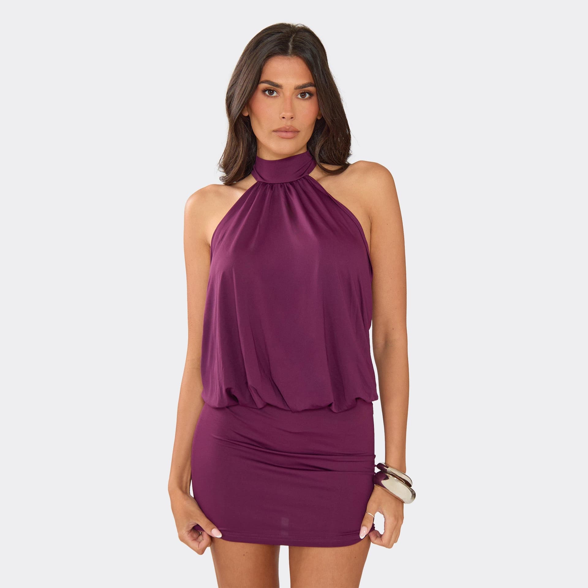 EGO High Neck Bead Detail Open Back Mini Dress In Purple, Women's Size UK 6