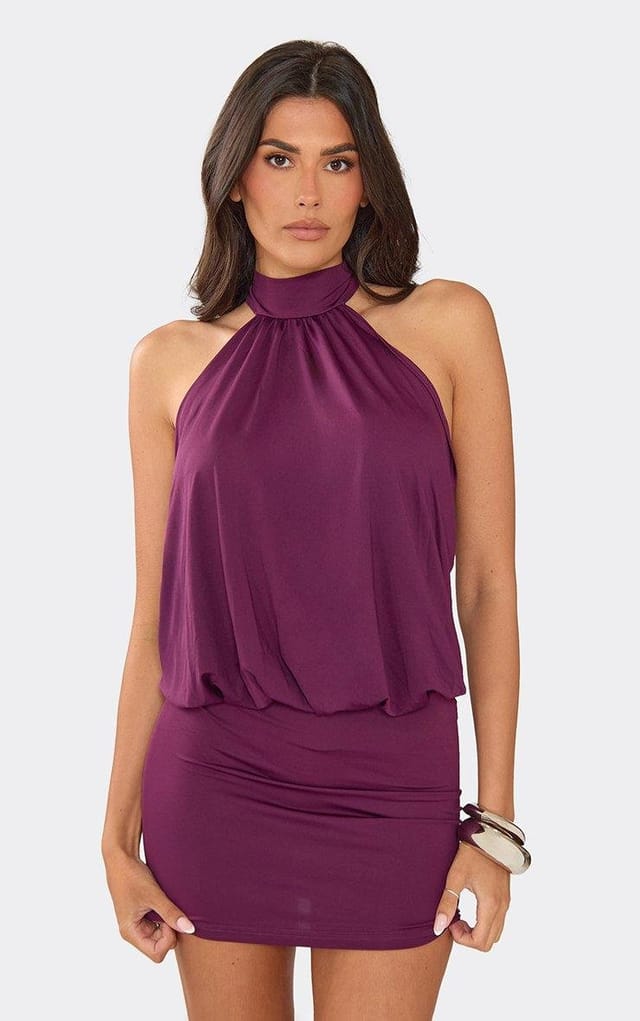 EGO High Neck Bead Detail Open Back Mini Dress In Purple, Women's Size UK 6 - 2