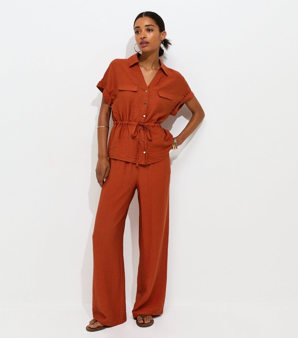 New Look Women's Rust Crinkle Texture Wide Leg Trousers New Look - 1