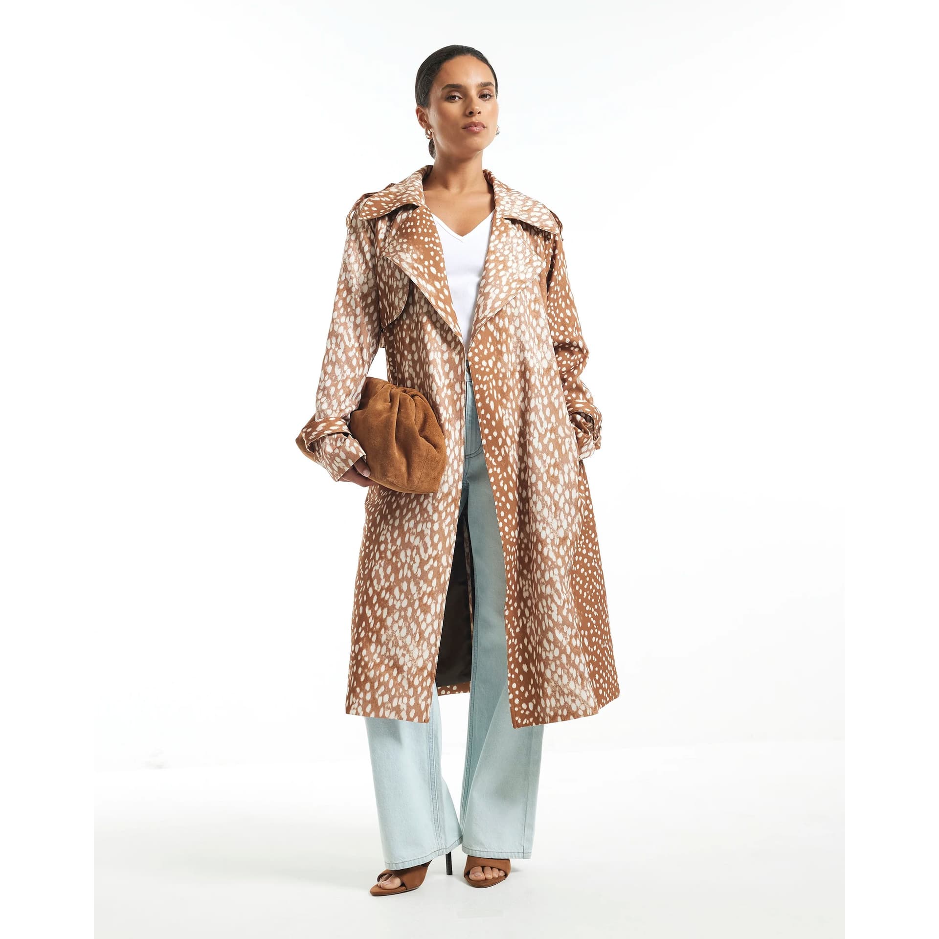 River Island River Island Womens Petite Brown Deer Print Duster Coat