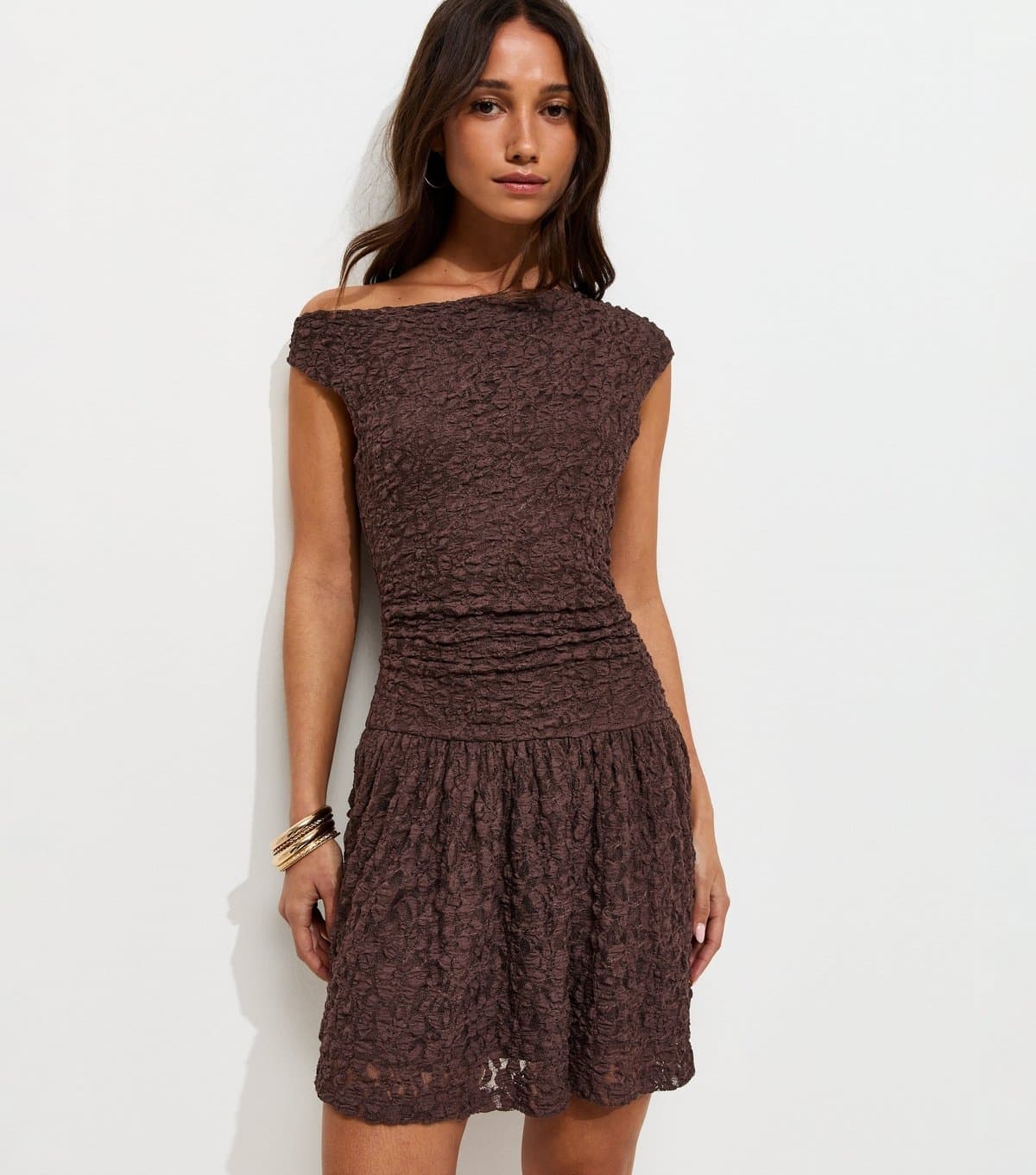 New Look Women's Dark Brown Lace Off The Shoulder Rara Mini Dress New Look