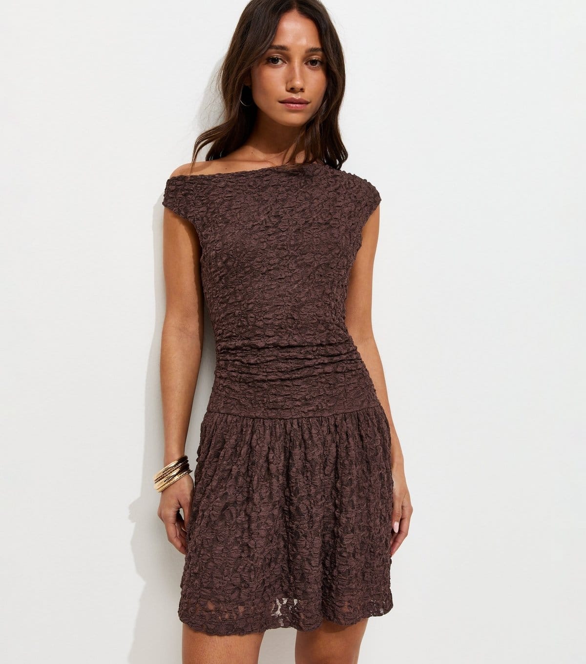 New Look Dark Brown Lace Off-Shoulder Mini Dress