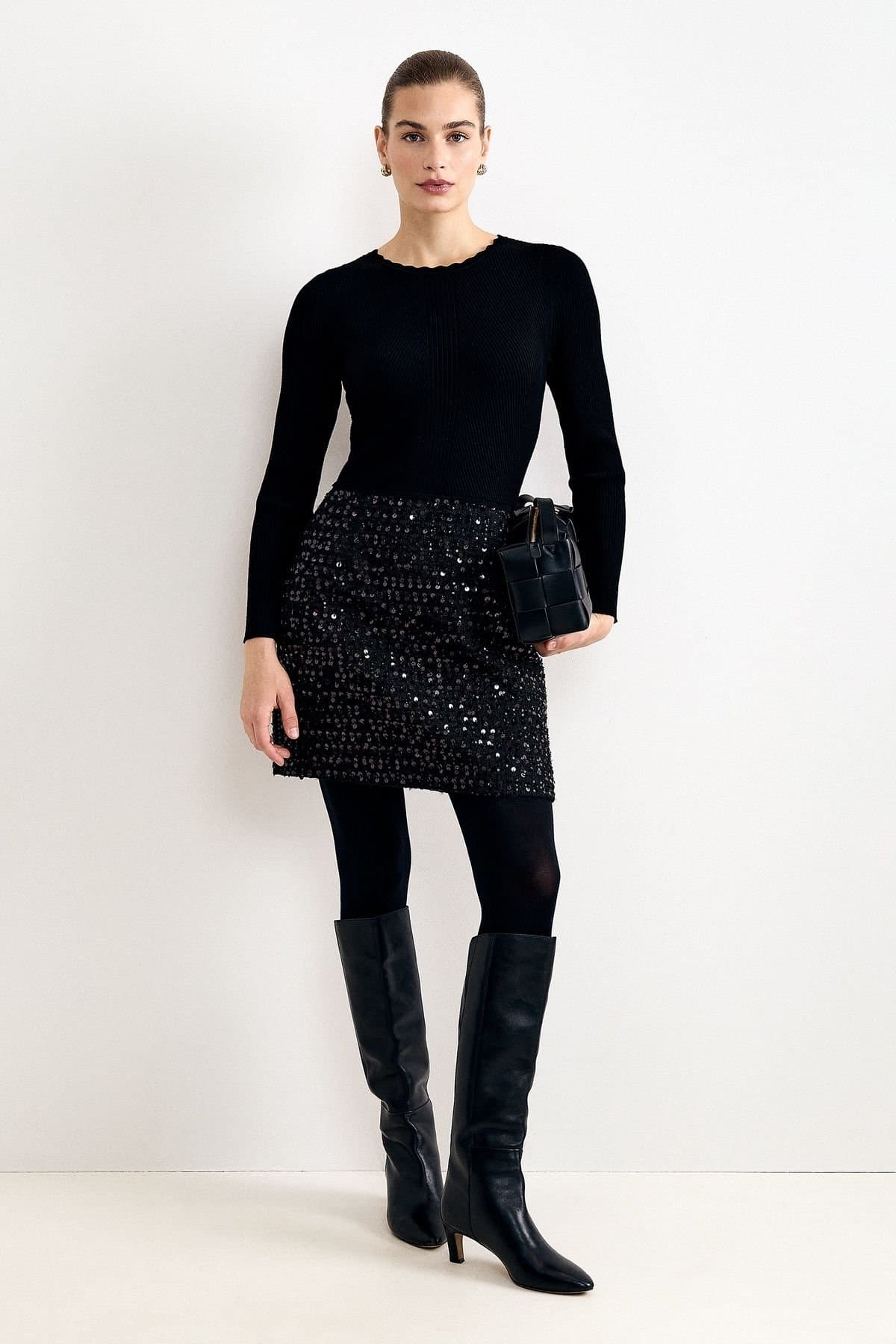 Phase Eight Phase Eight Women's Gloria Ribbed Knit Sequin Mini Dress in True Black
