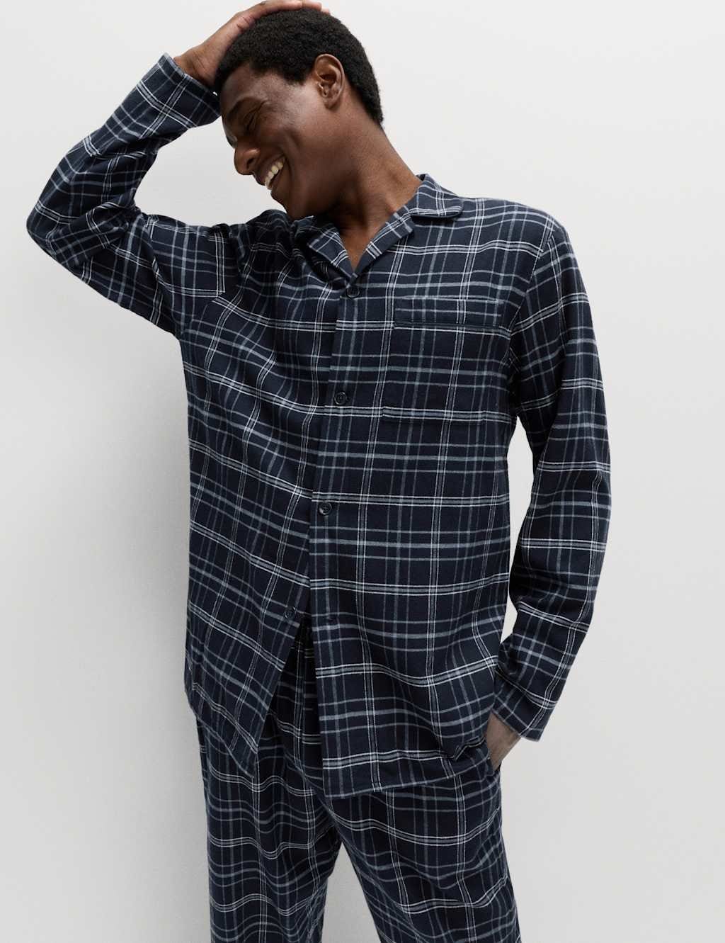 Marks & Spencer M&S Pure Brushed Cotton Checked Pyjama Set Navy - 1