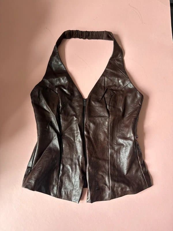 Bershka Bershka brown faux leather zip top