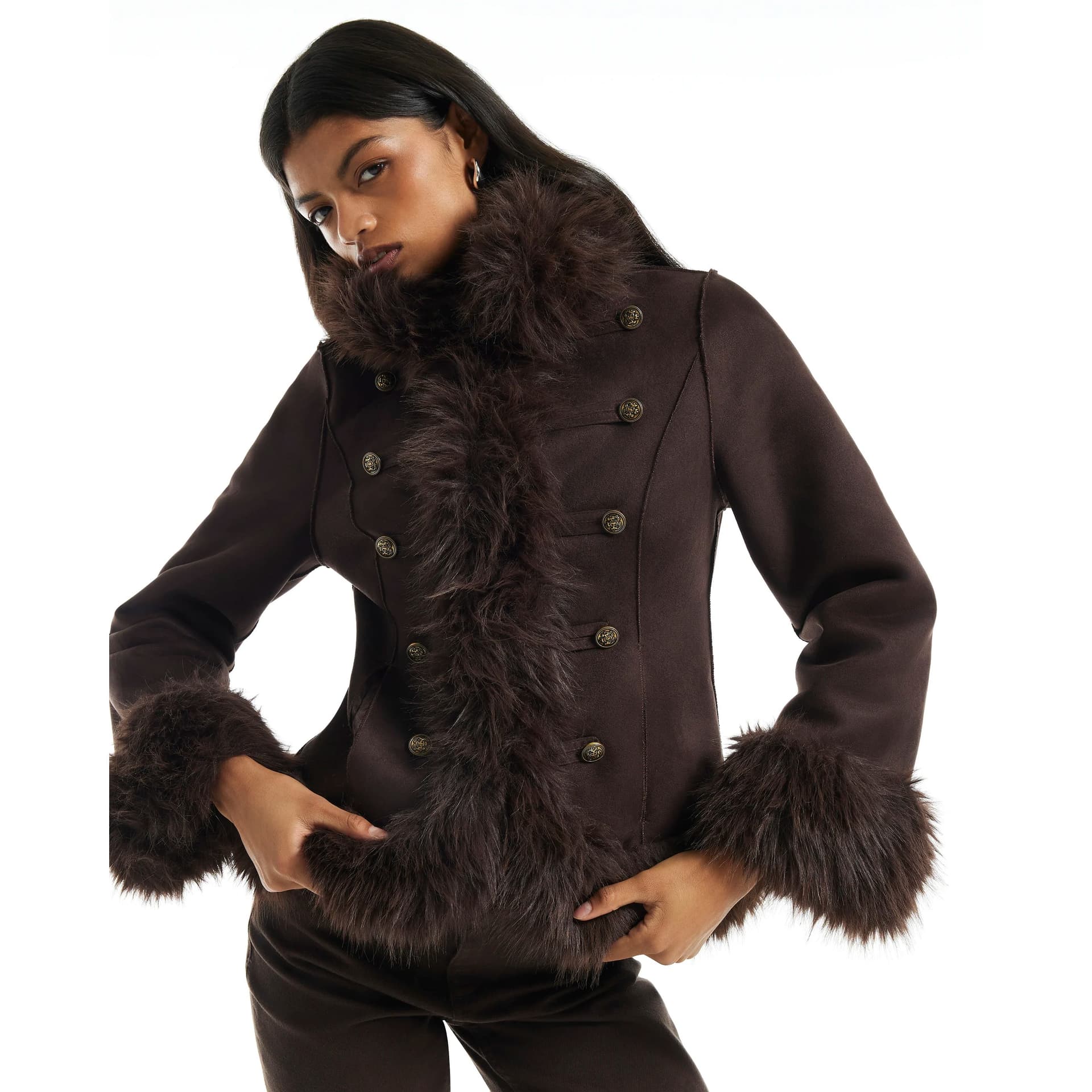 River Island River Island Womens Brown Faux Suede Military Button Jacket