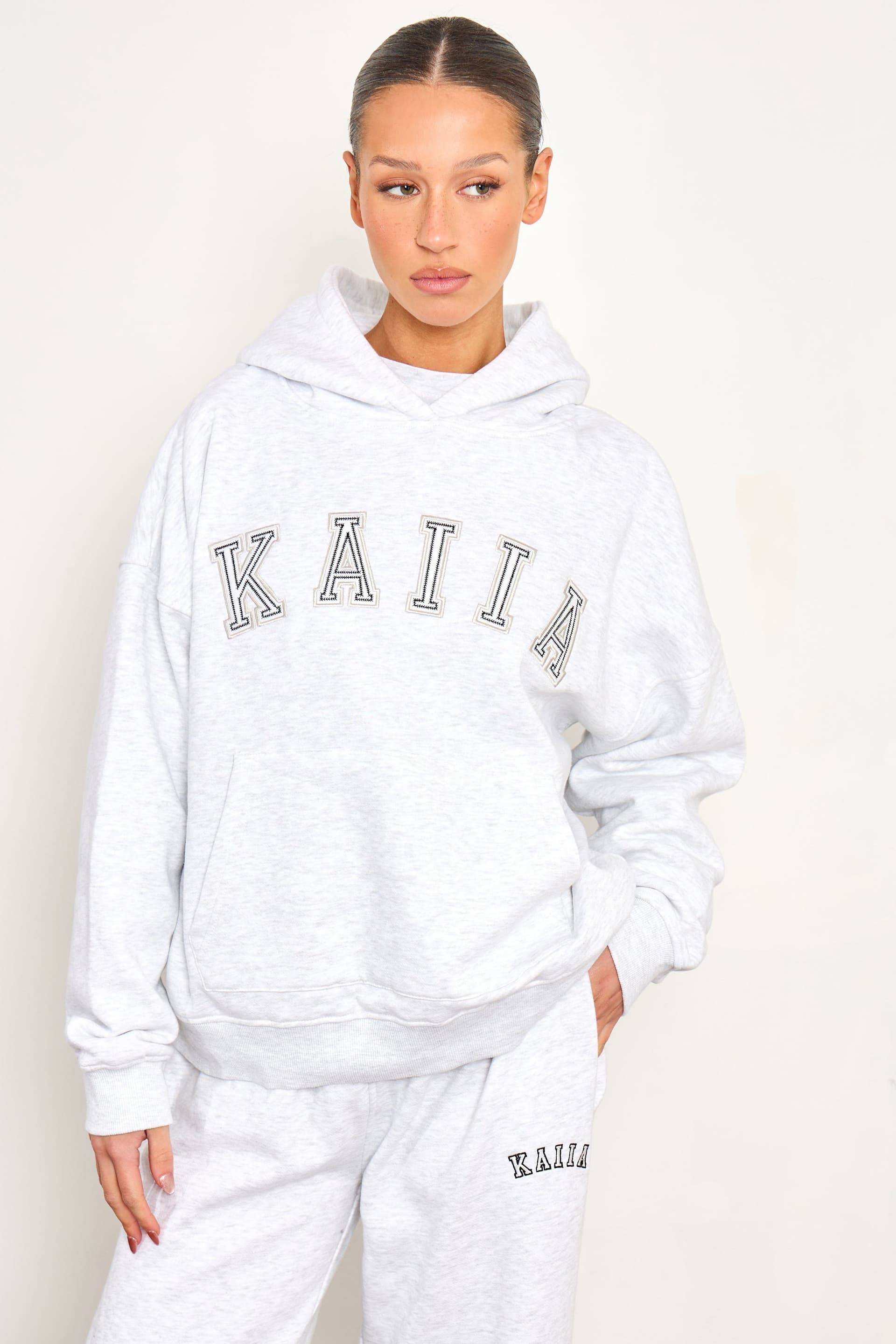 Kaiia Kaiia Chainstitch Slogan Oversized Hoodie Light Grey Marl