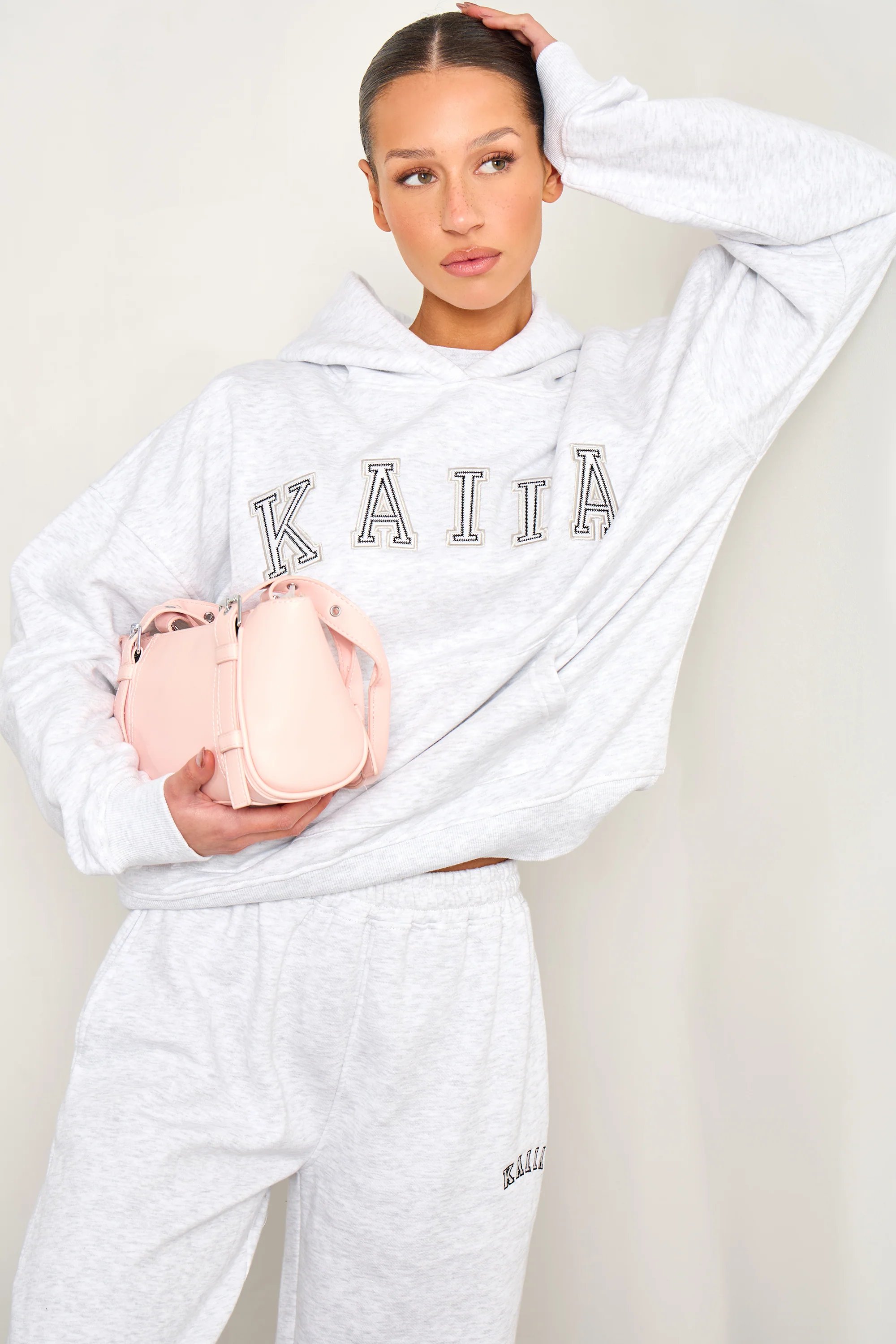 Kaiia Kaiia Chainstitch Slogan Oversized Hoodie Light Grey Marl - 2
