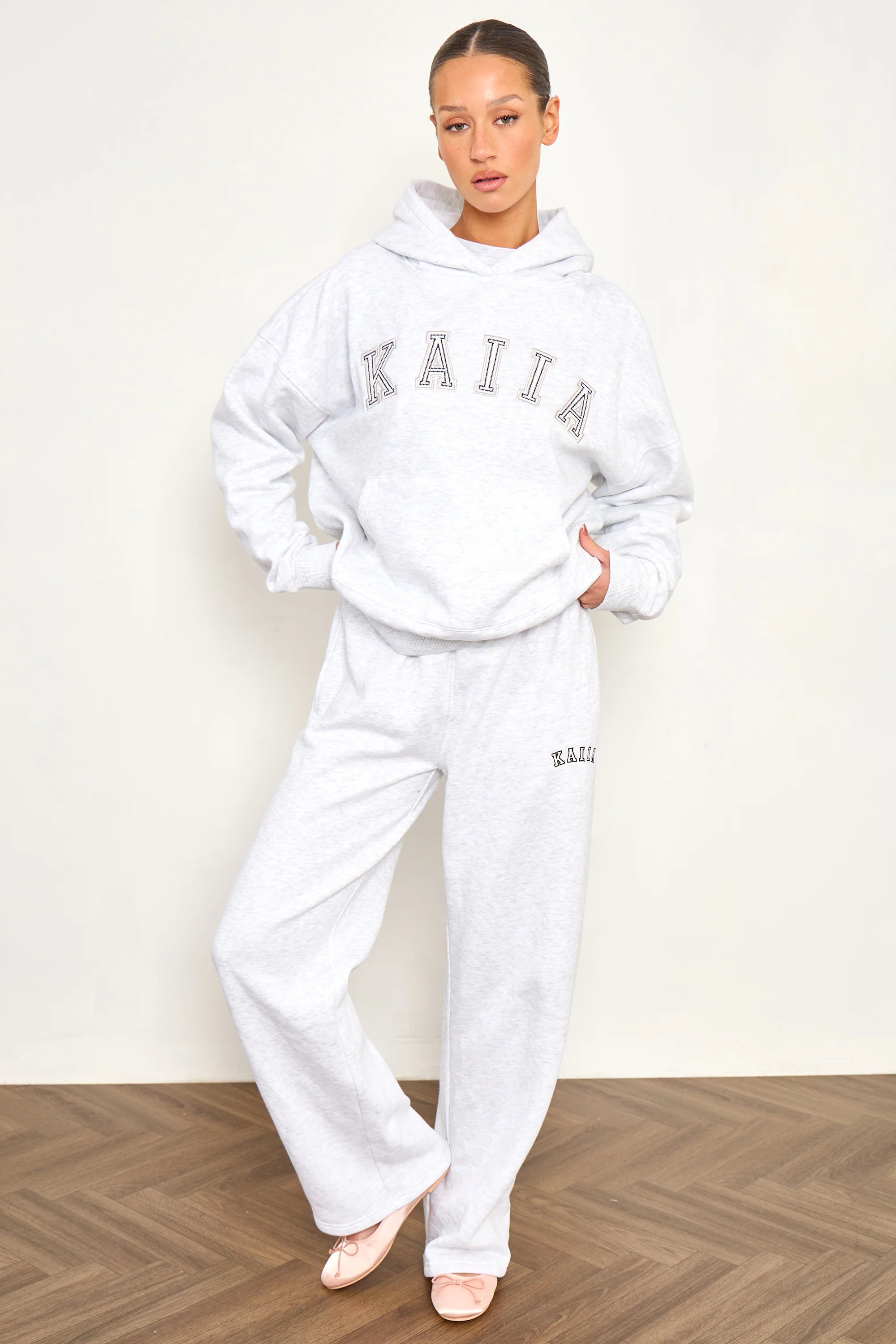 Kaiia Kaiia Chainstitch Slogan Oversized Hoodie Light Grey Marl - 3