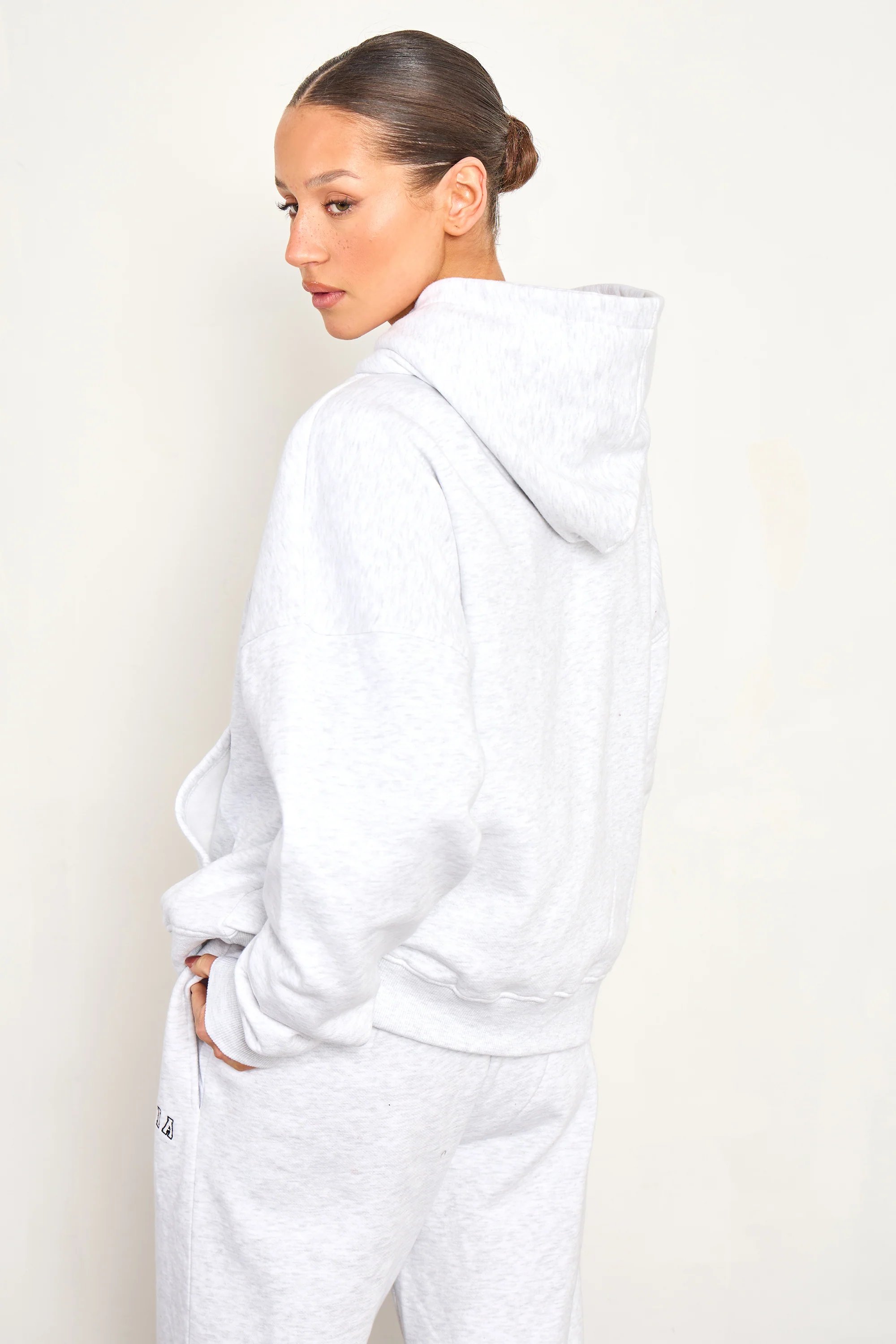 Kaiia Kaiia Chainstitch Slogan Oversized Hoodie Light Grey Marl - 4