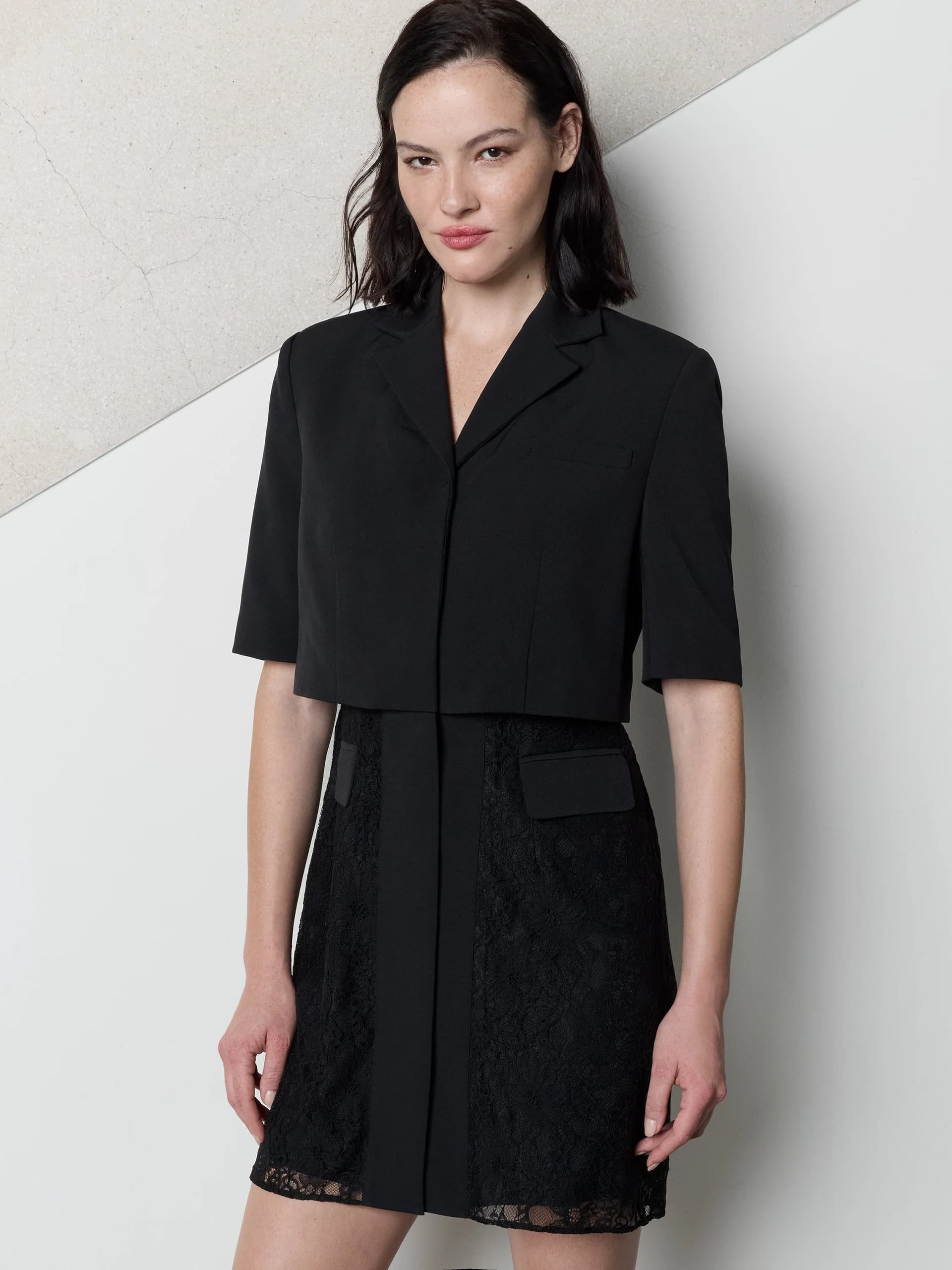 French Connection Miles Black Layered Lace Blazer Mini Dress Black