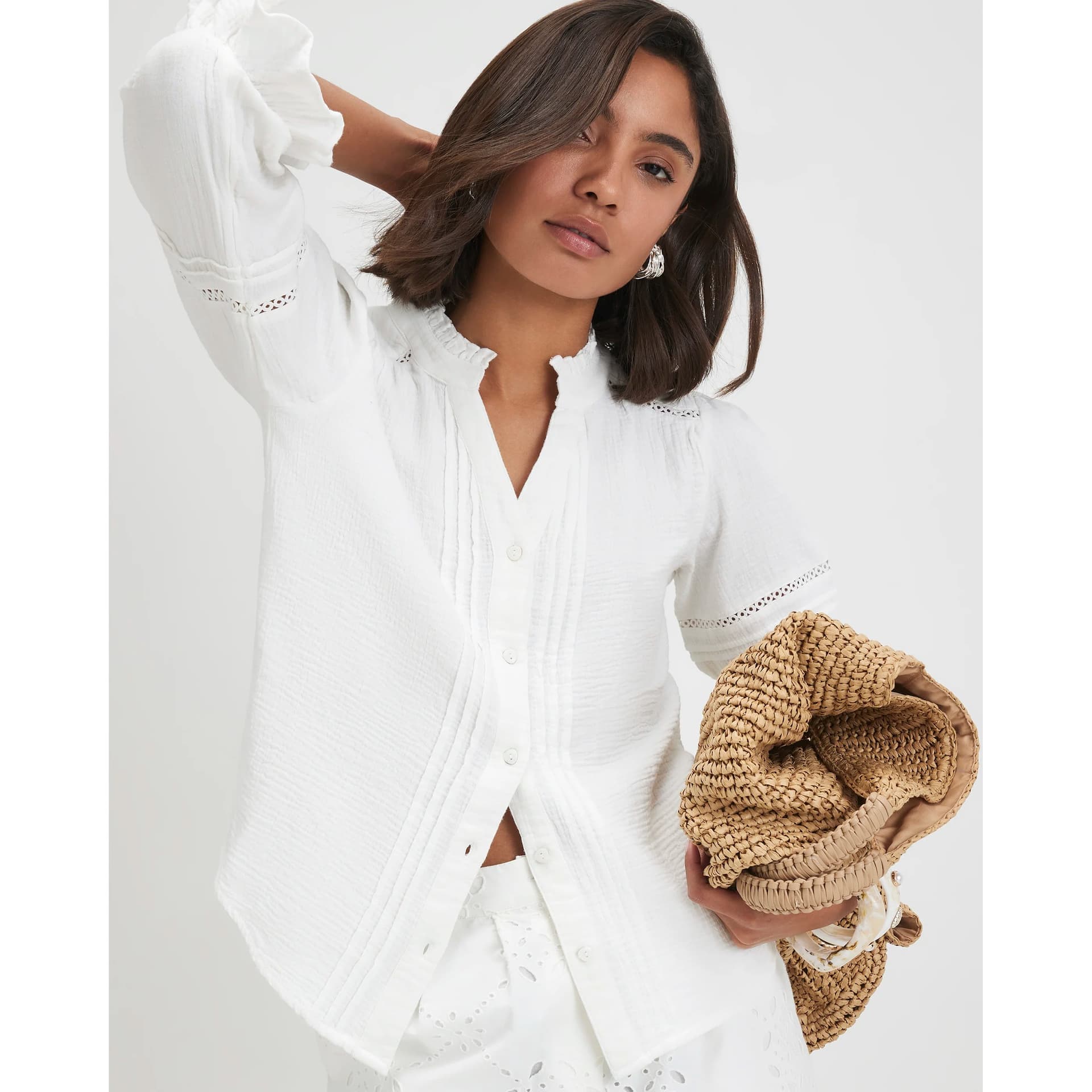 River Island River Island Womens White Cotton Frill Sleeve Pintuck Blouse