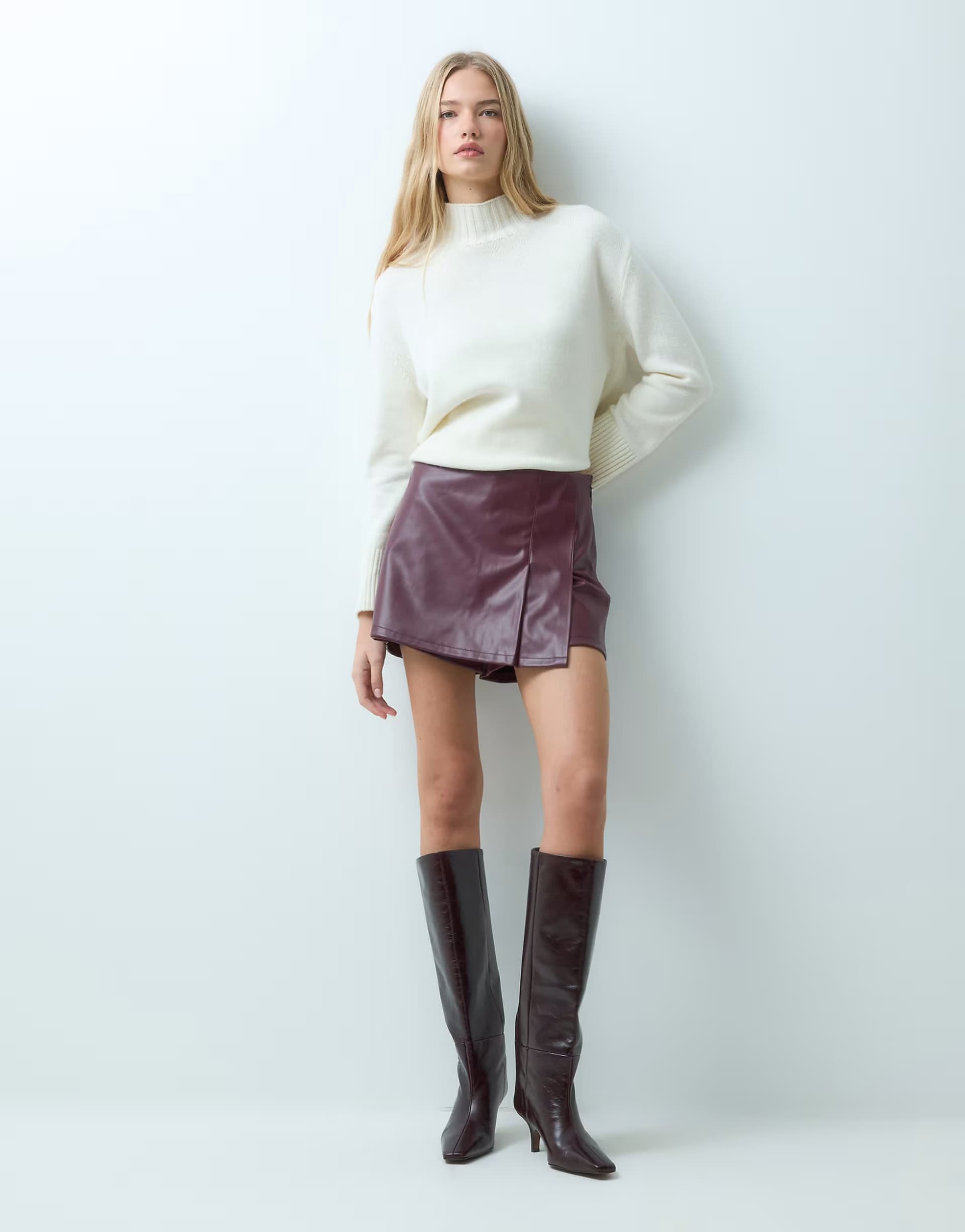 ASOS Vila pleat front leather-look mini skort in burgundy