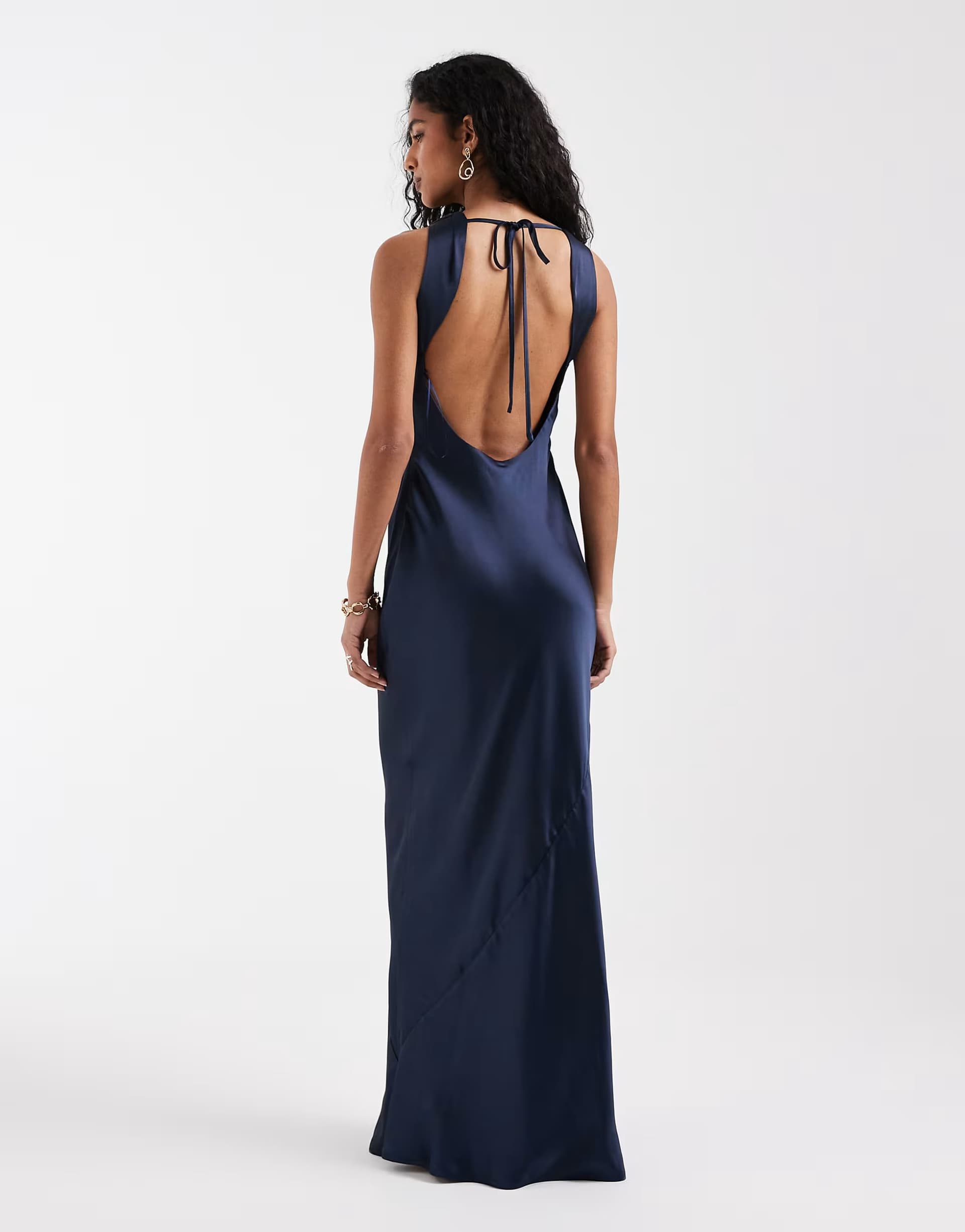 ASOS Pretty Lavish Everlee satin cowl neck open back maxi dress in navy