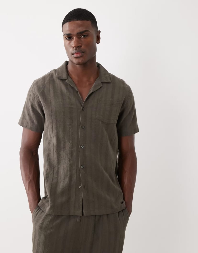 ASOS Brave Soul co-ord short sleeve shirt with revere collar in mushroom - 1