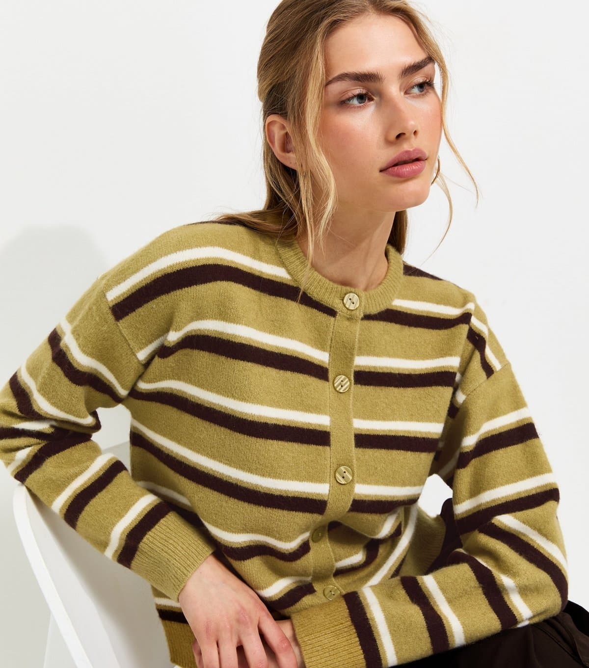 New Look Women's Green Knitted Stripe Cardigan New Look