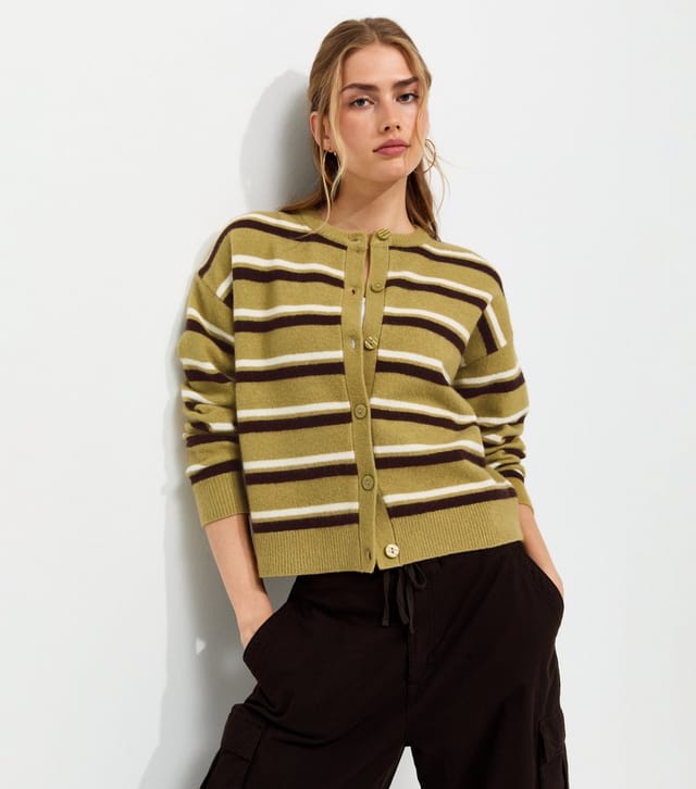 New Look Women's Green Knitted Stripe Cardigan New Look - 2