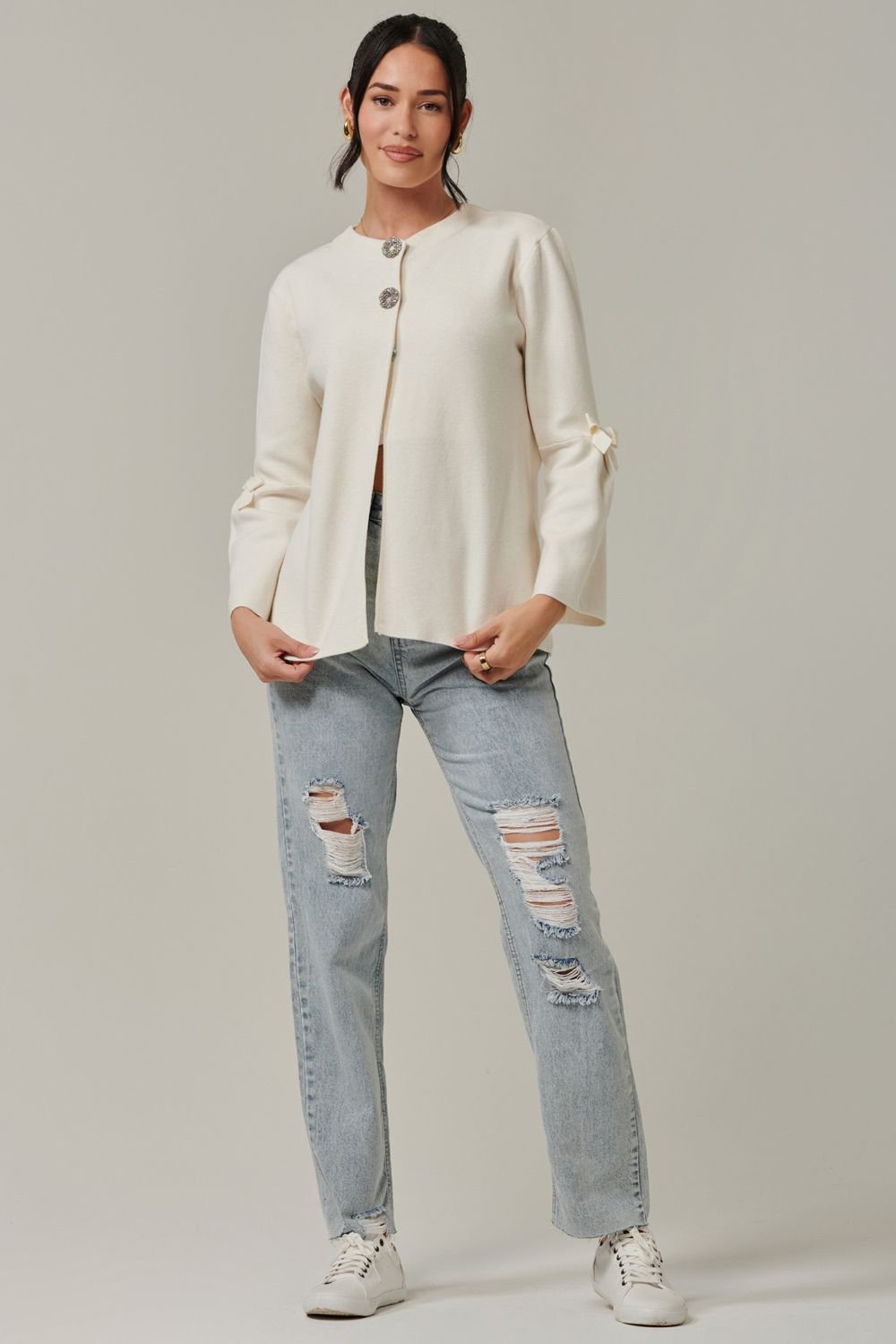 Jolie Moi Jolie Moi Women's Button Bow Sleeve Knit Cardigan in Off-White - 2