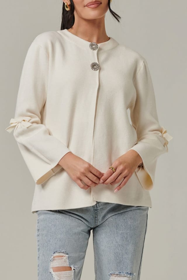 Jolie Moi Jolie Moi Women's Button Bow Sleeve Knit Cardigan in Off-White - 2