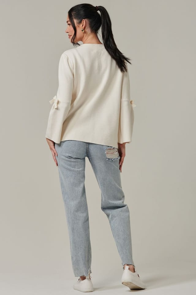 Jolie Moi Jolie Moi Women's Button Bow Sleeve Knit Cardigan in Off-White - 3