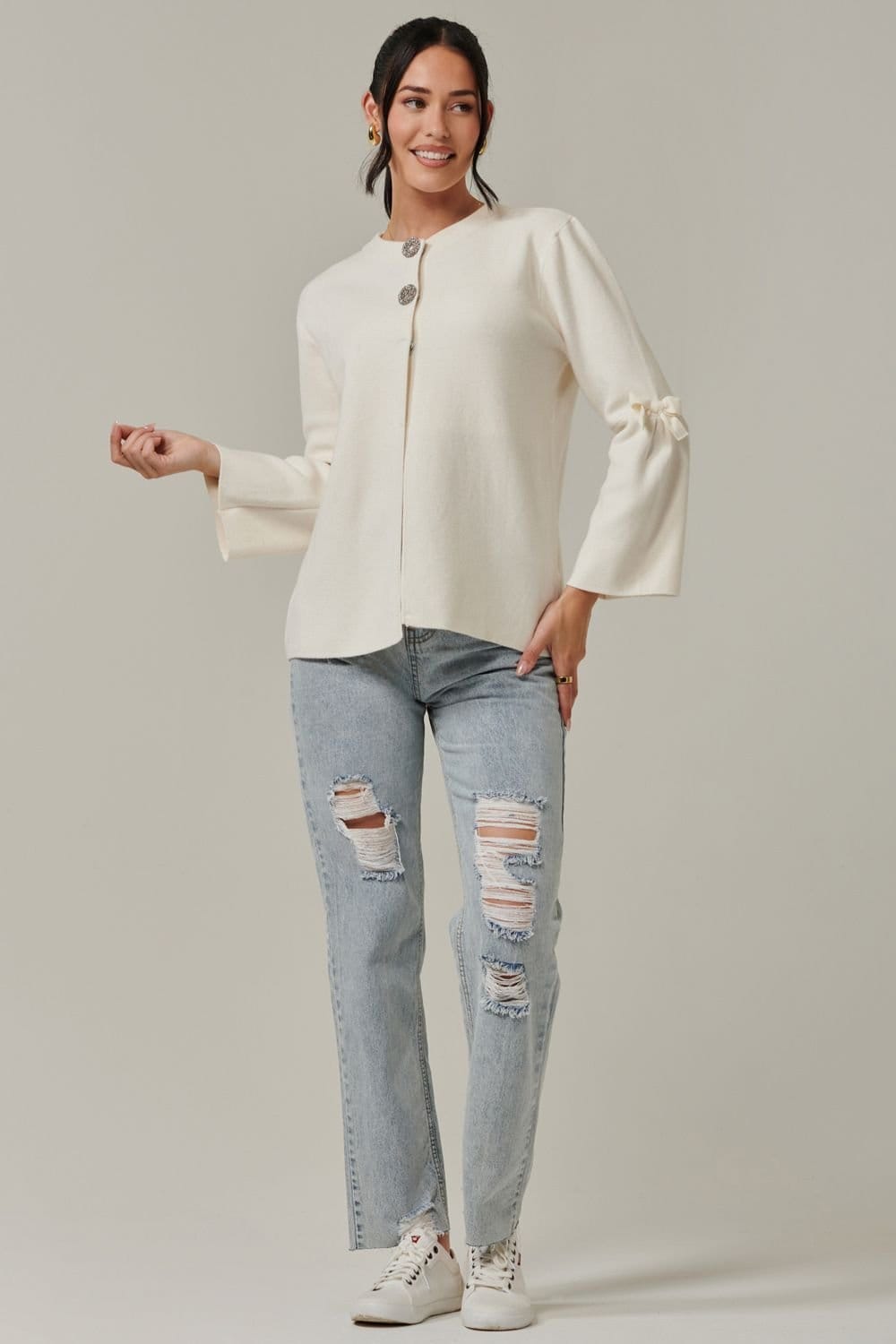 Jolie Moi Jolie Moi Women's Button Bow Sleeve Knit Cardigan in Off-White - 4