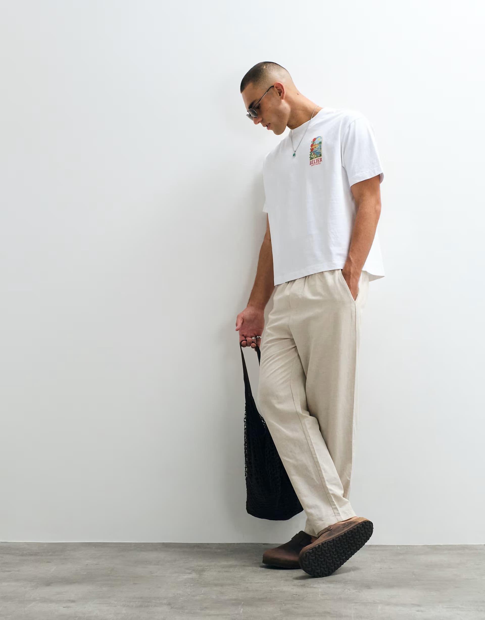 ASOS Belier straight leg pull on linen mix trousers in oatmeal